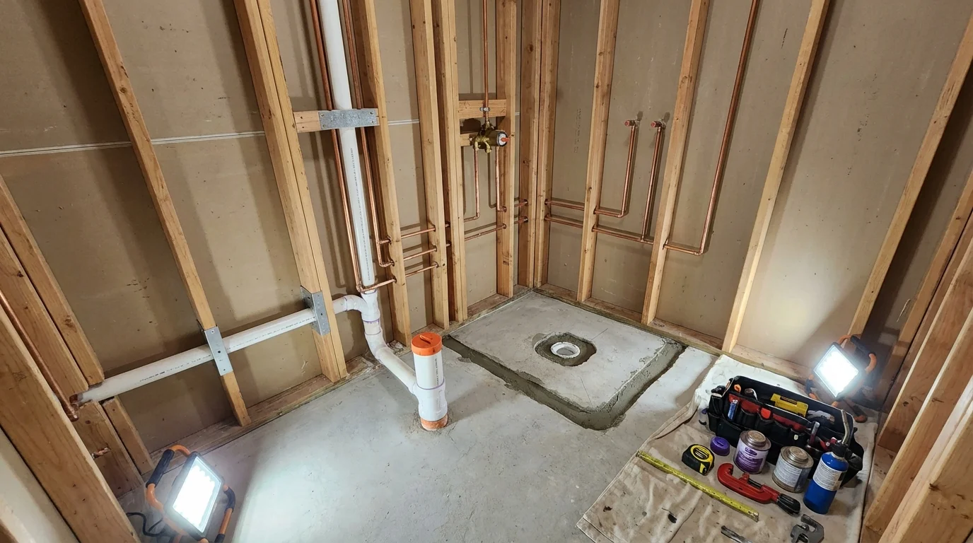 Bathroom rough-in plumbing during remodel by Johns Plumbing LLC in Ruston