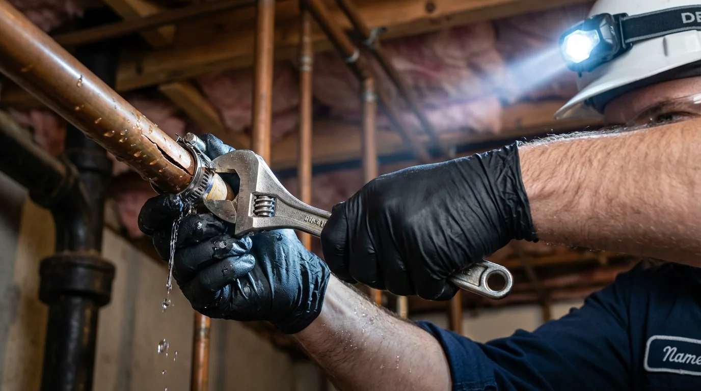 Emergency pipe clamp repair being performed by a Johns Plumbing LLC plumber in Ruston