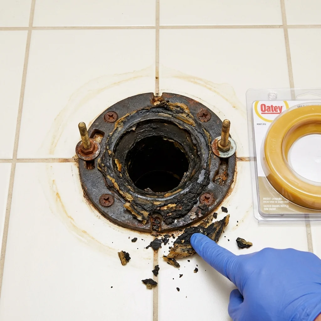 Failed wax ring showing water seepage at the base of a toilet in a Ruston, LA home
