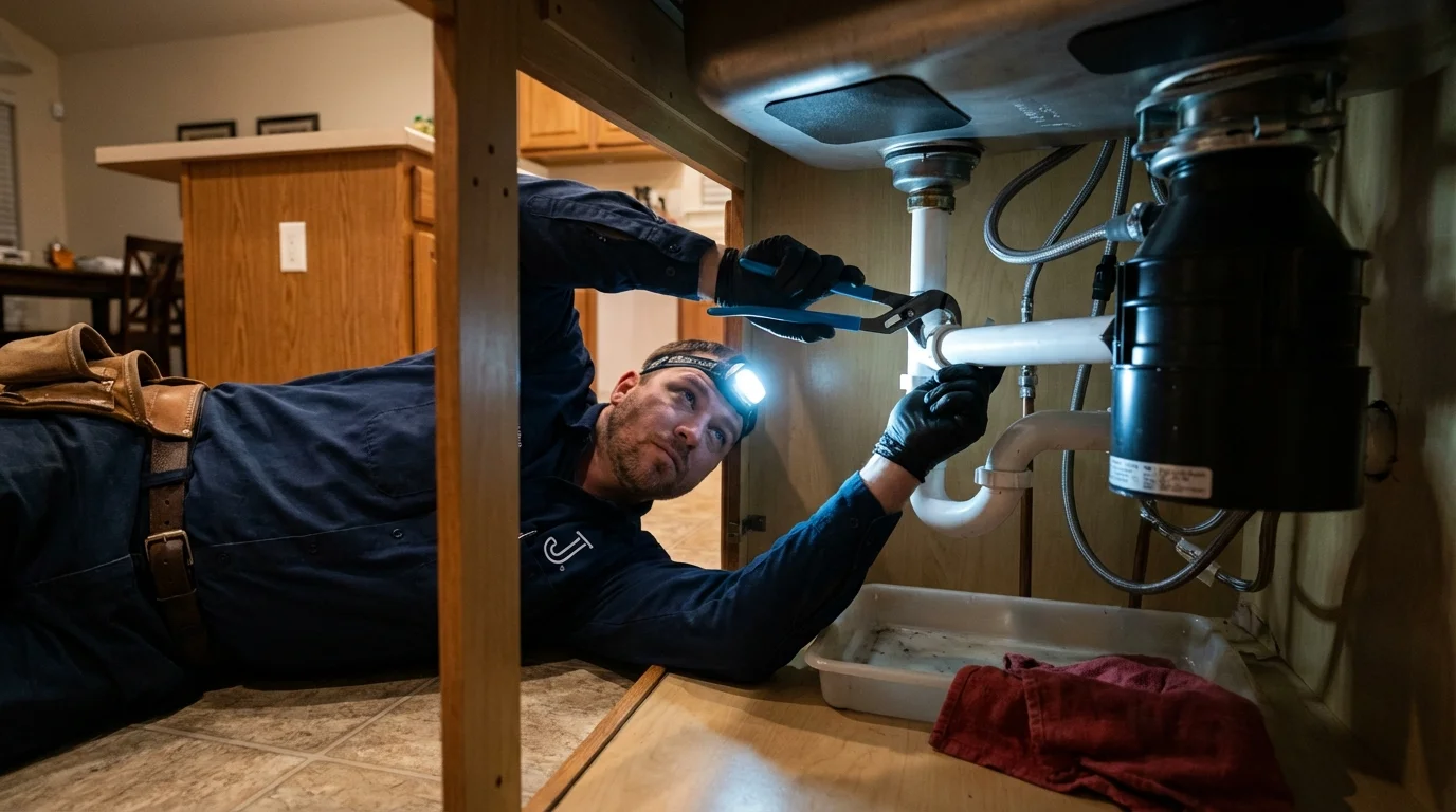 P-trap and supply line connections under a kitchen sink showing a common leak point in Ruston, LA